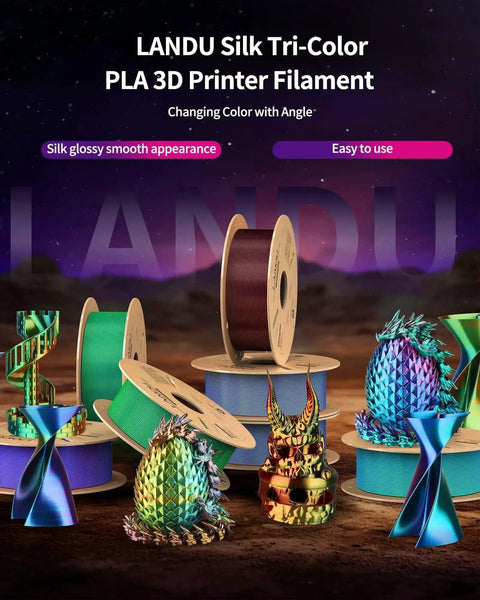 Tri Color Silk PLA Filament 1.75mm 1Kg spools with colorful 3D prints, showing red, blue, green hues and glossy finish.
