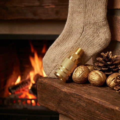Heavy Duty 12 Piece One Quarter Inch NPT Male Quick Connect Air Couplers Set on a mantel with fireplace in background