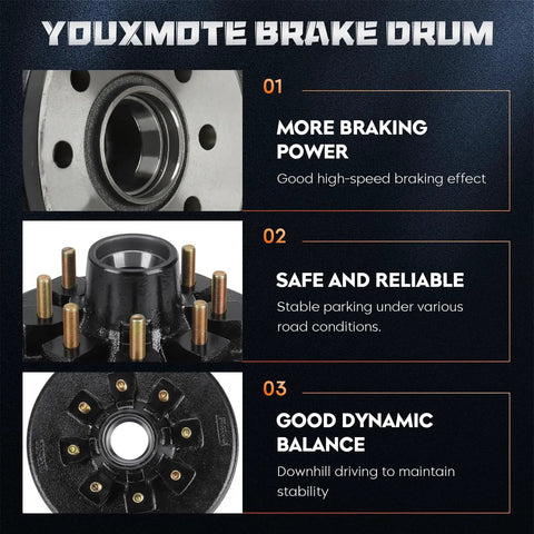 Youxmoto trailer brake drum kit: front view of 12x2 in drum with 8 holes on 6.5 in bolt circle; hub and studs shown