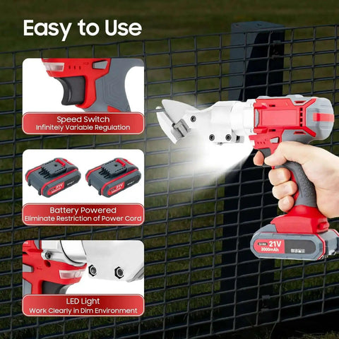 36V Corded Metal Shears With Variable Speed And Swivel Head For Sheet Metal Cutting showing speed switch and LED light in use