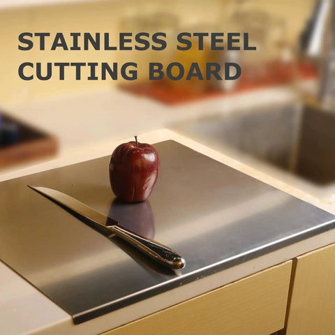 Stainless Steel Cutting Board for Kitchen with non-slip surface and knife-friendly edge, holding an apple and knife, 40 x 30 cm.