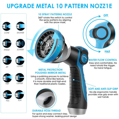Amazon KETTOYA non-expanding garden hose 100 ft with blue 10-pattern spray nozzle lightweight hose