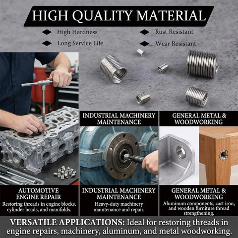 Heavy Duty Pro Grade Wire Thread Repair Inserts Kit 304 Stainless Steel Assortment M3 Through M12 Helicoil Style, image showing applications.