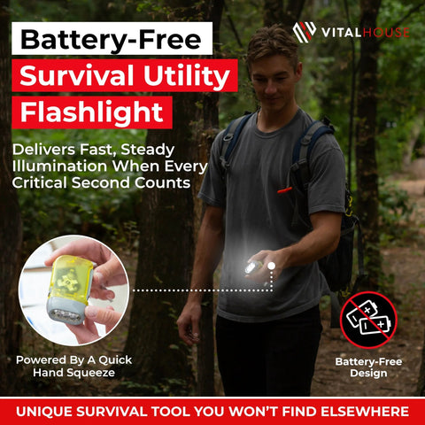 Person using battery-free hand-squeeze flashlight, ideal for emergency and outdoor use, shown in forest setting.