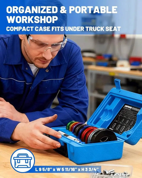 Man examining Pro Grade 11 Piece Bearing Race And Seal Driver Set with 9 double-sided adapters in blue case