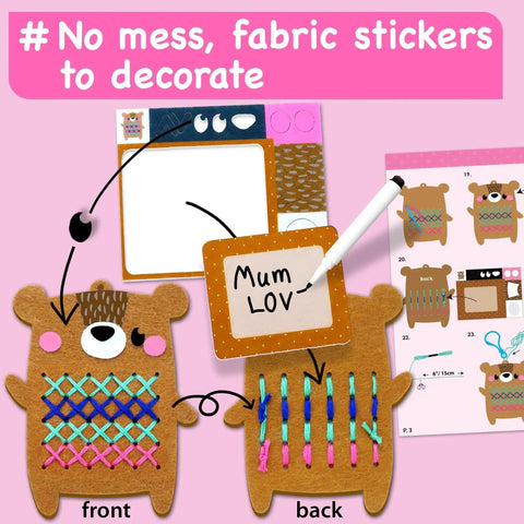 Beginner Needlepoint Cross Stitch Kit For Kids Ages Five To Eight, Easy Embroidery Starter Set with bear pattern, front and back view