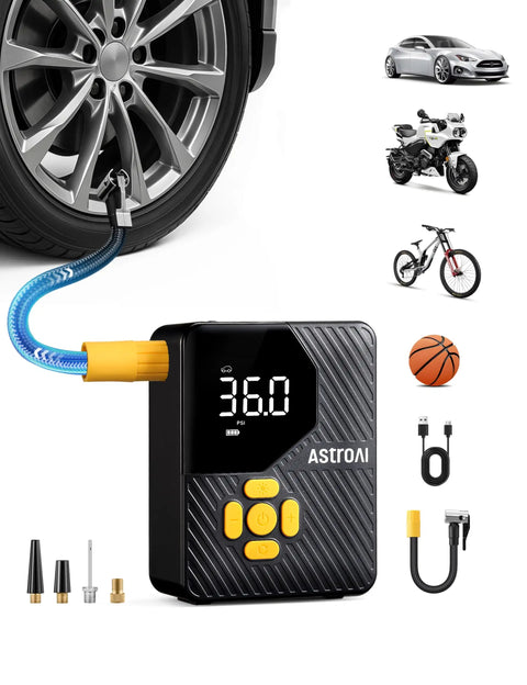 Compact Portable Tire Inflator For Cars Bikes And Balls With 150 PSI Pump Built In Tire Pressure Gauge And LED Light Ultra Quick Inflation For Car Truck Motorcycle And Bike AstroAI L7 Mini displaying gauge and accessories.