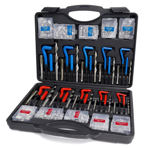 Open case showing 320-Piece Thread Repair Kit For SAE And Metric Threads With HSS Drill Bits Taps 304SS Inserts And Break Off Pins Pro Grade Automotive And Machinery Restoration Tool Set.