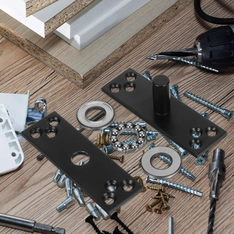Hidden Door Hinge for Wood Doors and Secret Bookcases, Heavy Duty Stainless Steel with 360 Degree Rotation Pivot shown with installation tools.