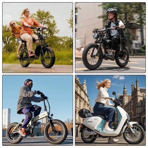 Various e-bikes and scooters on urban and park roads showcasing Tubeless 3.0-10 E-Bike Tire Kit With Valve Stem And Core Tool.