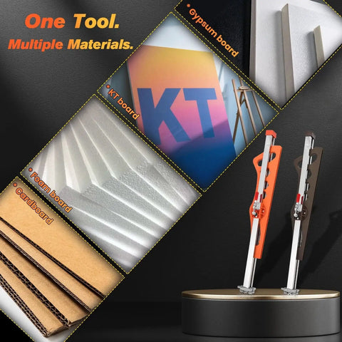 Foldable Drywall Cutter Tool For Home Renovation With Laser Etched Dual Scale Cuts One Quarter Inch, Three Eighths Inch, And One Half Inch Gypsum Board Portable Drywall Cutting Tool With Dual Positioning Red And Ten Replacement Blades shown with various board materials.