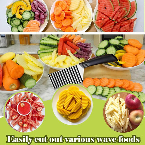 Crinkle Cutter Wave Blade Slicer For Potatoes Carrots And Fruits FANTEXY Stainless Steel Waffle Fry Cutter in use with wavy veggies
