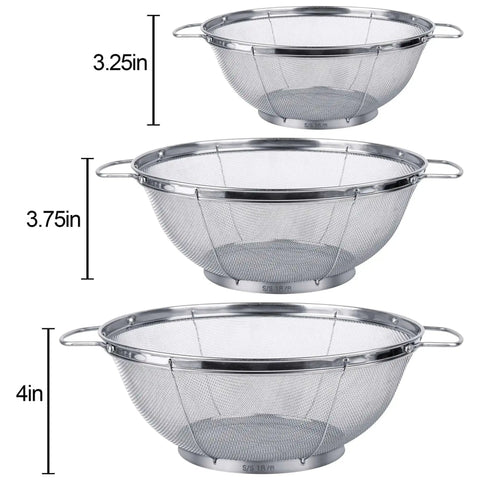 Three Pack 18/8 Stainless Steel Colander Sieves Set With Handy Handles And Resting Base, sizes 5, 4, 3 quart shown in stack