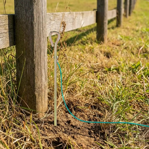 Portable Ground Rod Kit With 15Ft 12AWG Grounding Wire For Earthing, shown installed in outdoor setting near fence