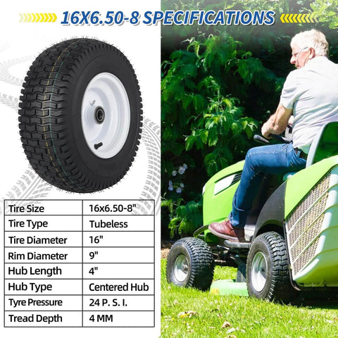 16x6.50-8 Tubeless Lawn Mower Tire And Wheel Set With 1 Inch Bearing And 4 Inch Centered Hub on riding mower