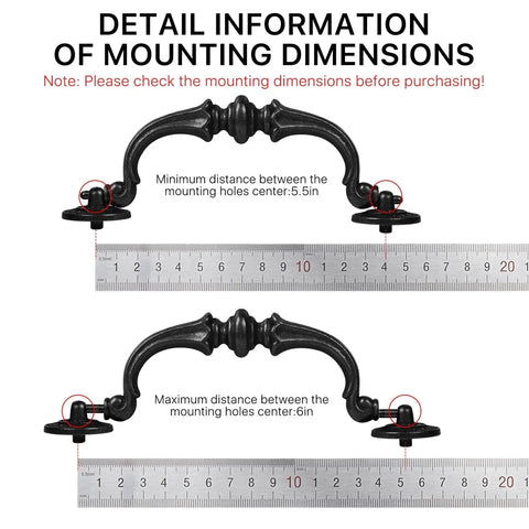 6 Pack Vintage Antique Black Drawer Pulls Handles With 5.5 Inch Hole Center And 6.7 Inch Total Length showing mounting dimensions