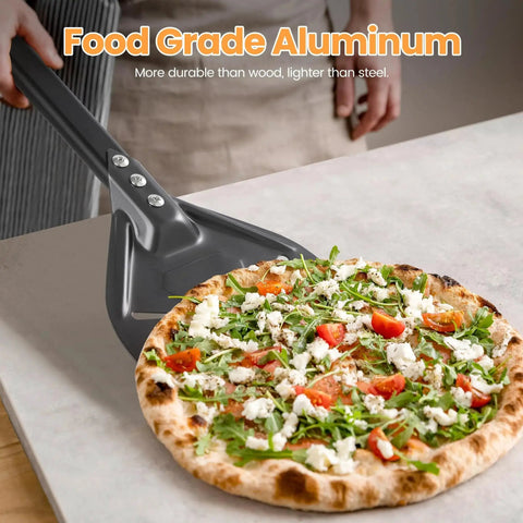 Perforated Pizza Turning Peel For Crisp Crust And Fast Steam Release Restaurant Grade Aluminum Lightweight Outdoor Pizza Oven Accessory For Home Ovens And Pro Kitchens shown with pizza.