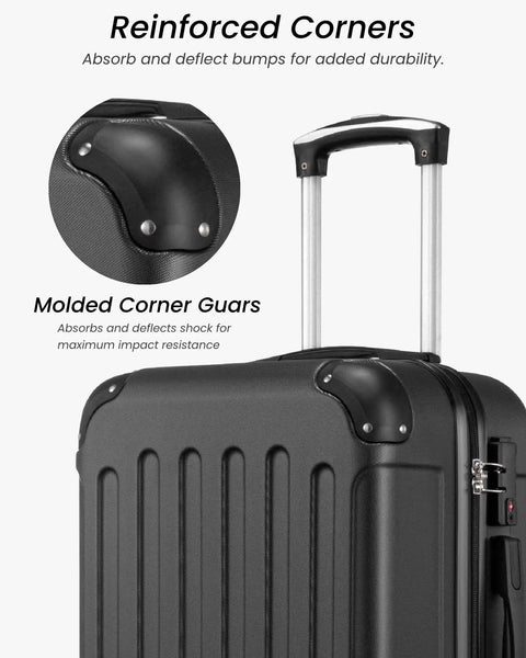 Close-up of reinforced black corner on hardside luggage in Five Piece Hardside Luggage Set With Spinner Wheels TSA Approved White And Brown Travel Suitcases In 20 Inch 24 Inch And 28 Inch Sizes For Carry On And Checked Luggage Durable Lightweight Build With Smooth 360 Degree Spinner Wheels.