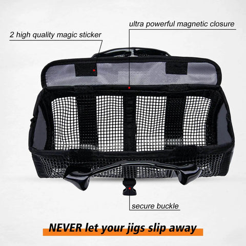 Open view of Fishing Jig Bag Portable Lure Storage Tackle Gear For Saltwater And Freshwater Jigs Holds Lead Vertical Jigs Safely