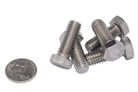 Heavy Duty Three Eighths Inch By Sixteen Threads Per Inch Hex Bolts One Inch Long Stainless Steel 304 Corrosion Resistant, with coin for size reference.