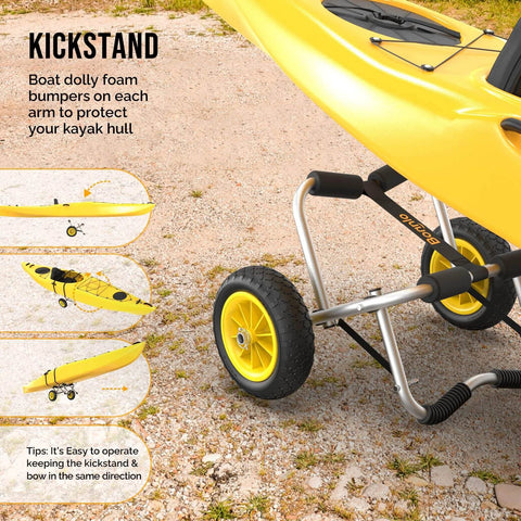 Go-To Universal Kayak Carrier Trolley with anodized aluminum frame, solid airless tires, and foam bumpers for kayak hull protection.