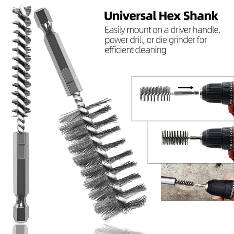 12 Piece Stainless Steel Bore Brush Set For Drill With 1/4 Inch Hex Shank Includes Sizes From 5/16 Inch To 1 3/16 Inch For Comprehensive Bore Cleaning And Deburring Of Power Drills shows brushes with hex shank mounted on a drill.