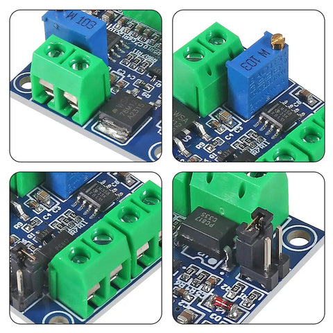 Close-up view of Plug And Play PWM To 0 To 10V Voltage Converter Module For PLC Interfaces with visible components on the circuit board.