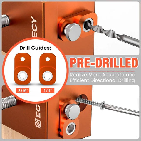 Close-up of an anodized aluminum drill guide with pre-drilled holes and attached clamps for efficient directional drilling.