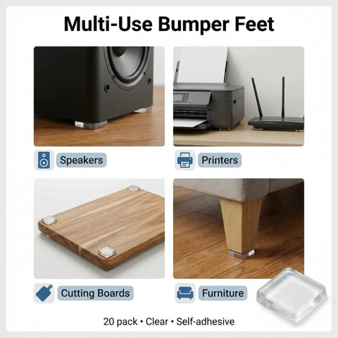 Clear Tall Square Self Adhesive Rubber Feet Pads 0.78 Inch Wide By 0.38 Inch High for speakers, electronics, and furniture, shown in use.