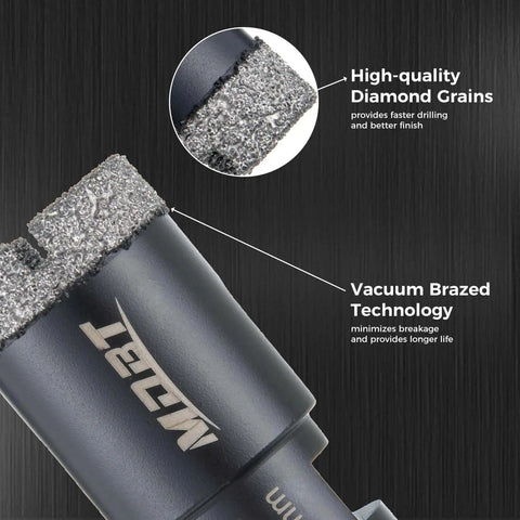 Close-up of Two Pack Diamond Core Drill Bits Six Millimeter One Quarter Inch Diameter For Porcelain Ceramic Tile Marble Brick With Vacuum Brazed Five Eighths Inch Thread highlighting diamond grains and brazing.