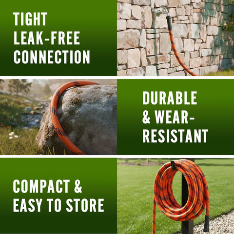 Garden hose 100 ft, orange and black, flexible non-expanding hose connected to outdoor faucet with spray nozzle.