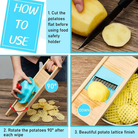 Three Piece Waffle Fry Cutter Set With Potato Lattice Maker Crinkle Cutter And Wavy Carrot Slicer Stainless Steel Knives in use, showing potato slicing process.