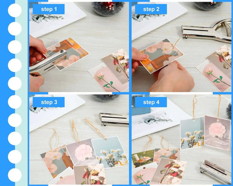 Step-by-step use of the Heavy Duty One Quarter Inch Single Hole Punch For Crafts And Office Use Puncher with photos and string.