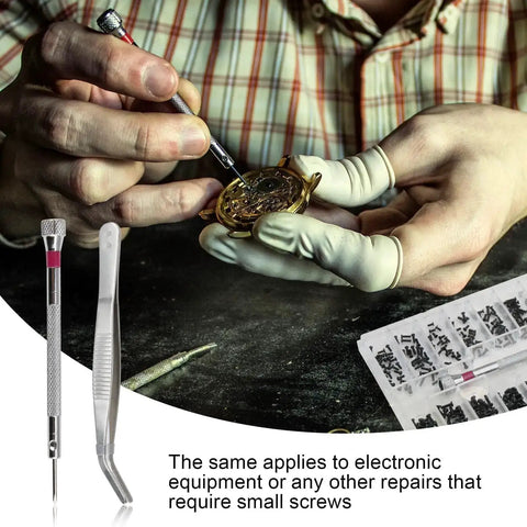 Person using 500 Pcs Micro Glass Screws Repair Kit With Tweezers And Screwdriver M1.2 M1.4 M2 for watch repair.