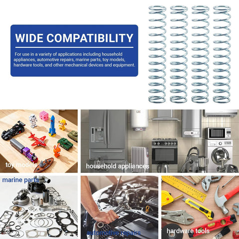 Compression springs, four-pack, nickel-plated spring steel; 0.051 in wire, 9/16 in OD, 3 in long; for appliances and automotive use.