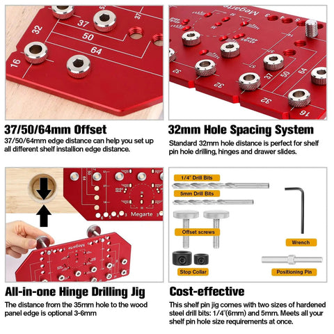 2 In 1 Shelf Pin And Hinge Jig For Cabinets, Aluminum Alloy Drill Template With One Quarter Inch And 5mm Drill Bits, Concealed Hinge Jig For Cabinet Doors, DIY Woodworking Tool That Saves Time And Delivers Pro Grade Precision, featuring 37/50/64mm offset and 32mm hole spacing system.