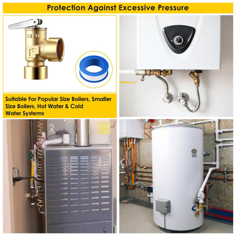 Gulfmew 30 PSI brass pressure relief valve with 3/4" NPT x 3/4" NPT fittings, front view.

Gulfmew boiler relief valve installed on hot water system with brass body and 3/4" NPT ports.

HVAC furnace with vented metal enclosure and front control panel.

Tall white water heater tank with copper piping and fittings.
