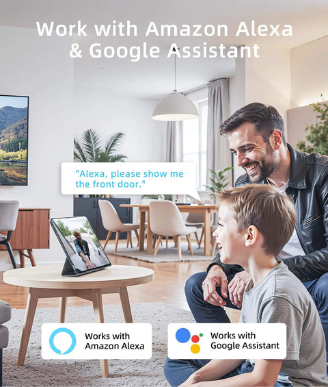 Father and son using voice command on tablet for 3MP Wireless Video Doorbell With 2K HD Footage No Monthly Fees Battery Powered No Subscription.
