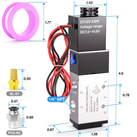 2 Position 5 Way Solenoid Valve DC 12V Pilot Operated Electric Valve With One Quarter Inch NPT Inlet and Outlet Wiring, coil visible