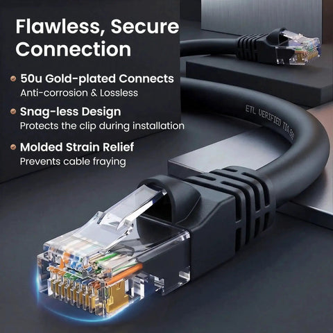 Cat 6 Ethernet Cable Pack 10 Foot 10 Pack Patch Cables With Snagless Gold-Plated RJ45 Connectors For PC TV Router Black Delivers 10 Gbps Speeds Perfect For Gaming And Streaming In Home Or Office Setup showing gold-plated connector and snagless design