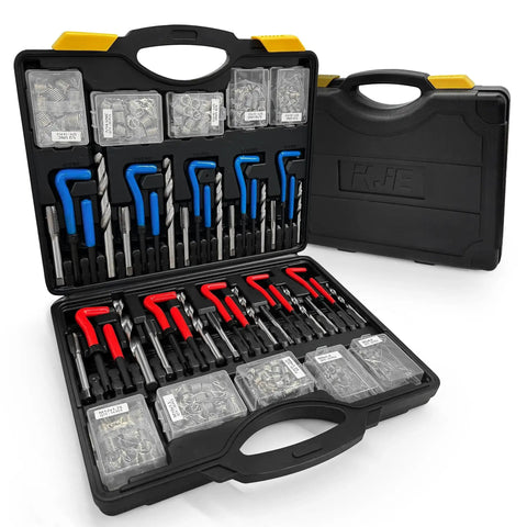 Open case showing the 322-Piece Pro Grade Helicoil Thread Repair Kit With Metric M5 To M12 And SAE One Quarter To One Half Inch Thread Restorers HSS Drill Bits Taps Thread Inserts Break Off Tools And Complete Automotive Repair Set.
