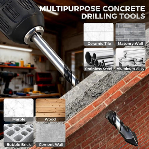 Professional Masonry Drill Bit Set For Concrete And Masonry, 10 Piece Carbide Bits, showing multipurpose use on various materials.