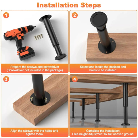 Installation steps for 4 Pcs Adjustable Metal Furniture Legs Set 3.15 to 4.72 Inches With Swivel Base, showing drilling and alignment process.