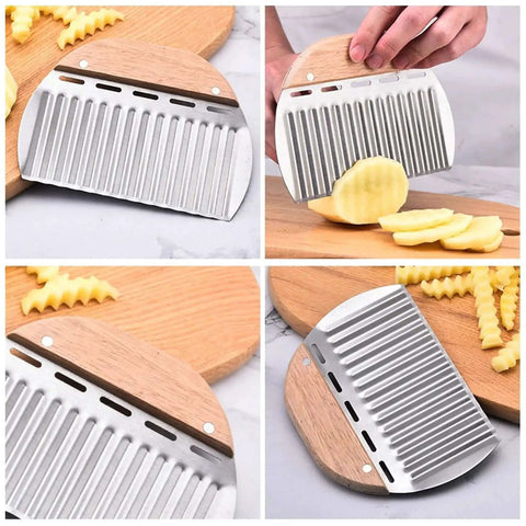 Stainless steel crinkle cutter for veggies and potatoes, 15.8 x 11.5 cm, showing wave knife cutting chips and fries on wood surface.