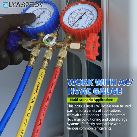 Manifold gauge hose set, 72-inch low-loss refrigerant hoses, blue, yellow, and red, pack of 3, 800 PSI