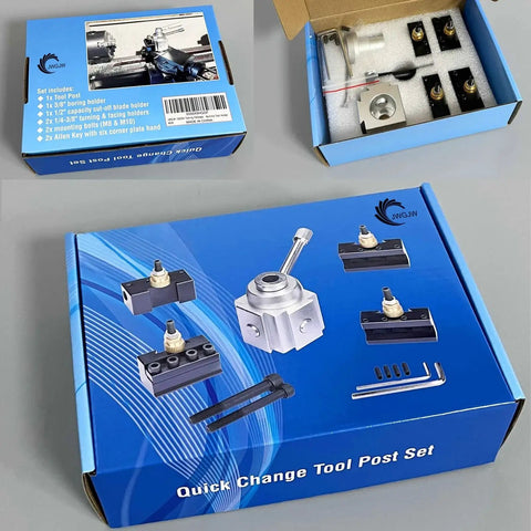 Box of Workhorse Mini Lathe Quick Change Tool Post For Dovetail Tenon, JWGJW 120034, showing components and holders.