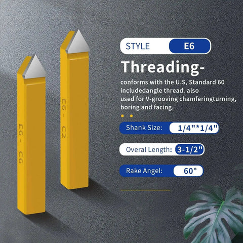 Two yellow E6 carbide tipped cutters from Twenty Piece Half Inch Carbide Tipped Cutter Tool Set for threading, 3-1/2 inch length.