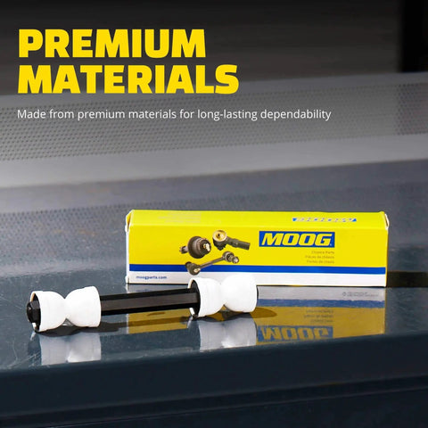 Front view of MOOG suspension stabilizer bar link kit; yellow MOOG box, black metal link, white bushings