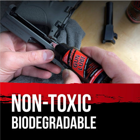 Application of All-Conditions Synthetic Gun Lube CLP for Rifles Pistols Shotguns, 16-Ounce Trigger Spray on firearm part.