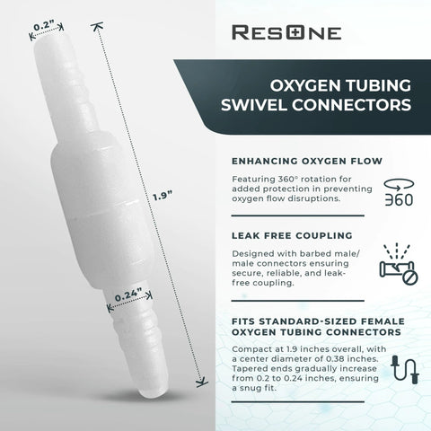 ResOne oxygen tubing swivel connectors, white plastic, 5-pack, 360° rotation